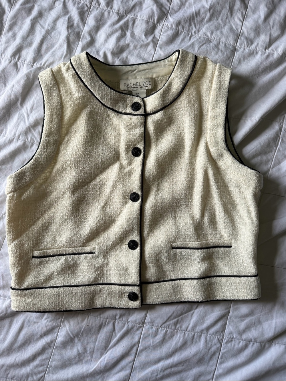 Rachel Zoe Cream Tweed Sleeveless Vest with Black Trim
